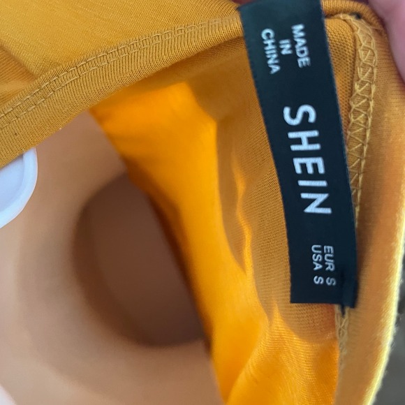 SHEIN Mustard Yellow Layered Ruffle Dress with Black "Love" Belt Size Small - Picture 8 of 8